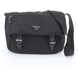 Prada Tessuto Nylon Triangle Logo Leather Messenger Bag Black