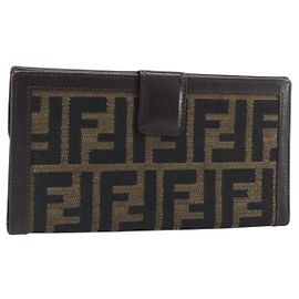 FENDI Zucca Canvas Long Wallet Black Brown Auth 199787A Brown Black