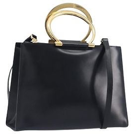 Céline Bolsa de mão CELINE em couro 2way Preta Dourada Auth 197456A Preto Dourado