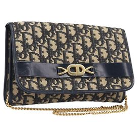 Bolsa de Ombro com Corrente Christian Dior Trotter Canvas Navy Gold Auth 199115 Dourado Azul marinho