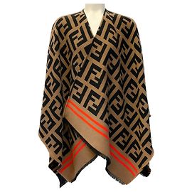 Fendi Black / Tan Zucca FF Monogram Wool Poncho Camel