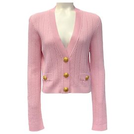 Cardigan Balmain en maille côtelée rose à col V et boutons dorés Rose