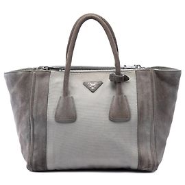 Sac à main Satchel à double anse et double poche Prada Scamosciato and Canapa Gris Gris