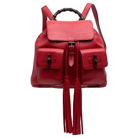 Red Gucci Calfskin Bamboo Tassel Drawstring Backpack Red