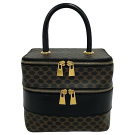 Céline CELINE Vintage Macadam Blazon Pattern Triomphe Lederhandtasche Braun Schwarz