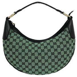 Gucci GG Logo Pattern Canvas Leder Semi-One Shoulder Bag Schwarz Grün