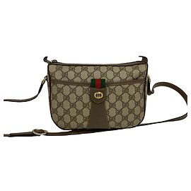 Bolsa de ombro em couro Gucci Old Sherry Line com padrão de logo GG Marrom Vermelho Verde