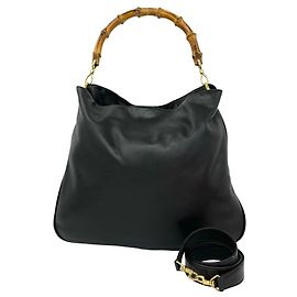 GUCCI Old Bamboo Leder 2-way Schultertasche Schwarz