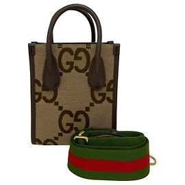 Gucci Jumbo GG Logo Pattern Canvas Leder 2-Way Schultertasche Braun