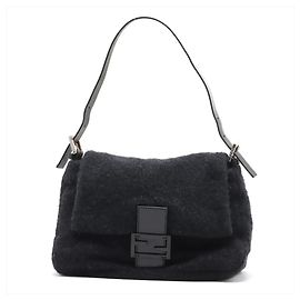 Fendi Mamma Baguette Leather Shoulder Bag Black Navy blue