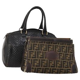 FENDI Zucca Canvas Handtasche Leder 2er Set Braun Schwarz Auth am12050 Braun Schwarz