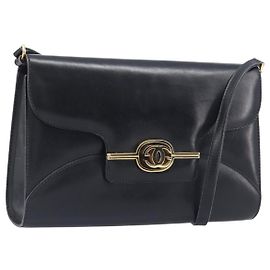 GUCCI Shoulder Bag Leather Black Gold Auth 199099 Black Golden