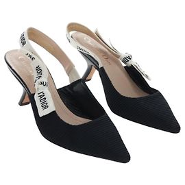 Christian Dior Slingback Pumps Leather Black Auth 196738M Black
