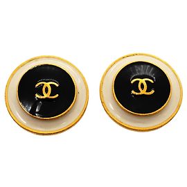 Boucles d'oreilles clips Chanel Coco Mark Noir Blanc Doré