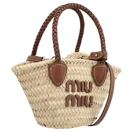 Bolsa de mão Miu Miu em tecido trançado Raffia 2way Beige Gold Auth SW2677SAM Bege Dourado