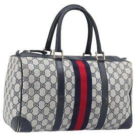 Bolsa Boston GUCCI GG Supreme PVC Couro Navy Tom Dourado Auth 200182 Outro Azul marinho
