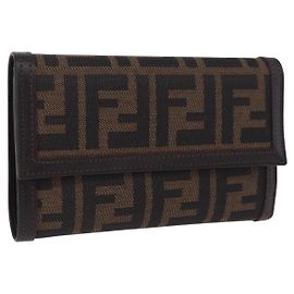 FENDI Zucca Canvas Compact Trifold Wallet Black Brown Auth am12383V Brown Black