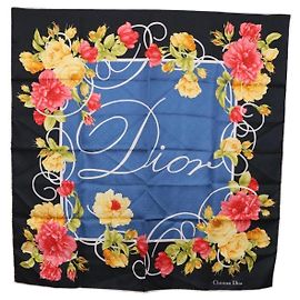 Sciarpa floreale Christian Dior in seta nera e blu Auth am12095M Nero Blu