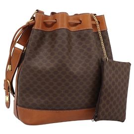 Céline CELINE Macadam Canvas Shoulder Bag PVC Leather Brown Gold Auth 200918V Brown Golden