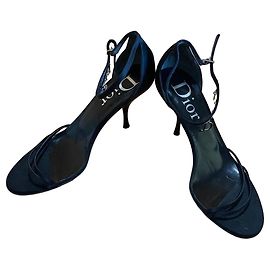 Dior Black Satin D-Charm Ankle Strap Heels Black