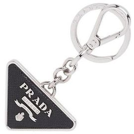 Prada Saffiano Triangle Logo Silver Key Ring Black Black