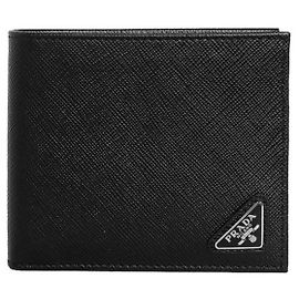 Prada Saffiano Triangle Logo Compact Wallet Black QHH Black