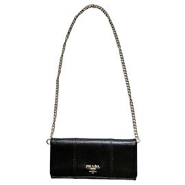 Prada Saffiano Leather Chain Wallet Black Black