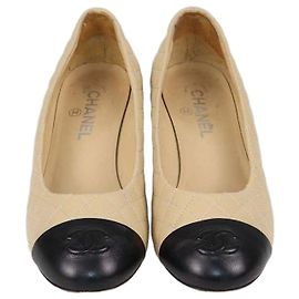 Chanel Beige/Black Quilted Leather CC Cap Toe Heel Pumps Other