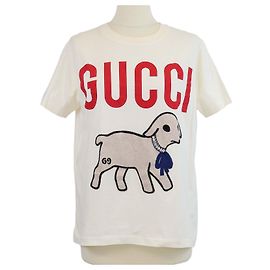 T-shirt Gucci creme de algodão com patch de cão e cristais Cru