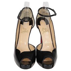 Christian Louboutin Black Patent Leather Round Chick Alta Platform Ankle Strap Pumps Black