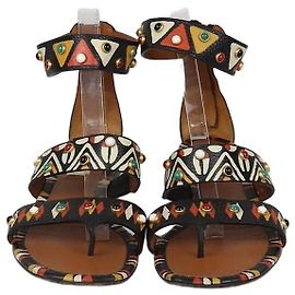 Valentino Black Leather Studded Tribal Flat Sandals Black