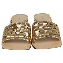 Bottega Veneta Gold Intreccio Leather Square Toe Flat Sandals Golden
