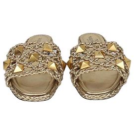 Valentino Gold Leather Leather Braided Roman Stud Flat Sandals Golden