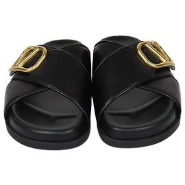 Valentino Black Leather VLogo Flat Sandals Black
