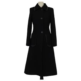 Loewe Black Wool Leather Trim Long Coat Black