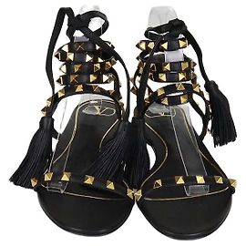 Valentino Black Leather Rockstud Gladiator Tassel Sandals Black