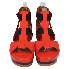 Fendi Red Leather Elastic Strap Platform Sandals Red