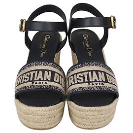 Christian Dior Navy Blue Canvas Dway Wedge Espadrille Sandals Black