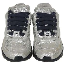 Chanel Silver Crackled Effect Suede Trainer Sneaker Silvery