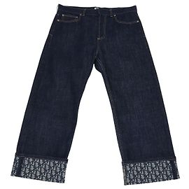 Pantalones Christian Dior de denim azul oscuro Oblique con bajo doblado Azul