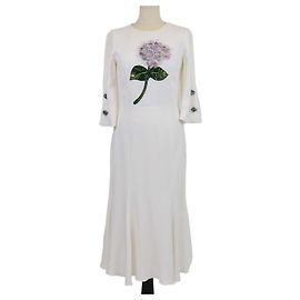 Dolce & Gabbana Off White Blend Viscose Hydrangae Embellished Midi Dress White