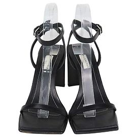Balenciaga Black Leather Square Toe Ankle Strap Sandals Black