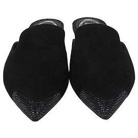Rene Caovilla Rene Black Suede Rhinestone Embellished Flat Mules Black