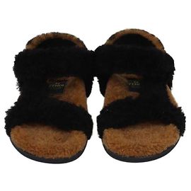 Fendi Black/Broan Shearling Ankle Strap Flat Sandals Brown Black