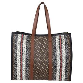 Burberry Briddle Brown Coated Canvas and Leather Medium East West Book Tote Noir Multicolore