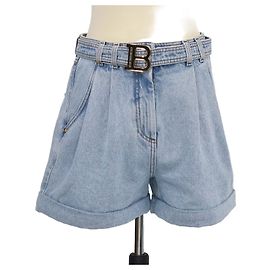 Balmain Mini Short em Denim Azul com Cinto Logo Azul