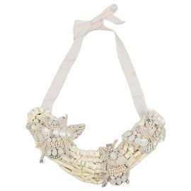 Biyan Off-White Embroidered Sequin and Crystal Embellished Tie Necklace Eggshell