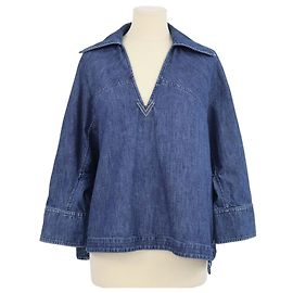 Top de chambray Valentino em denim azul com V Logo e mangas três quartos Azul