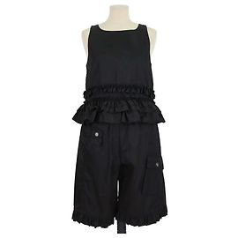 Ganni Black Polyamide Ruffled Top & Cargo Shorts Set Black