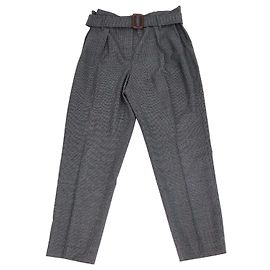 Brunello Cucinelli Black/Grey Wool Houndstooth Print Belted Pants Black Grey